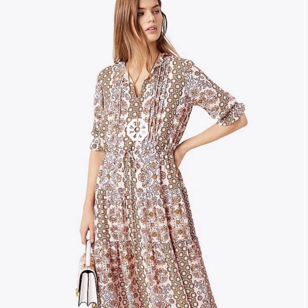 Tory Burch Silk Dress Geometric Floral Long Sleeve Dress - Picture 11 of 11